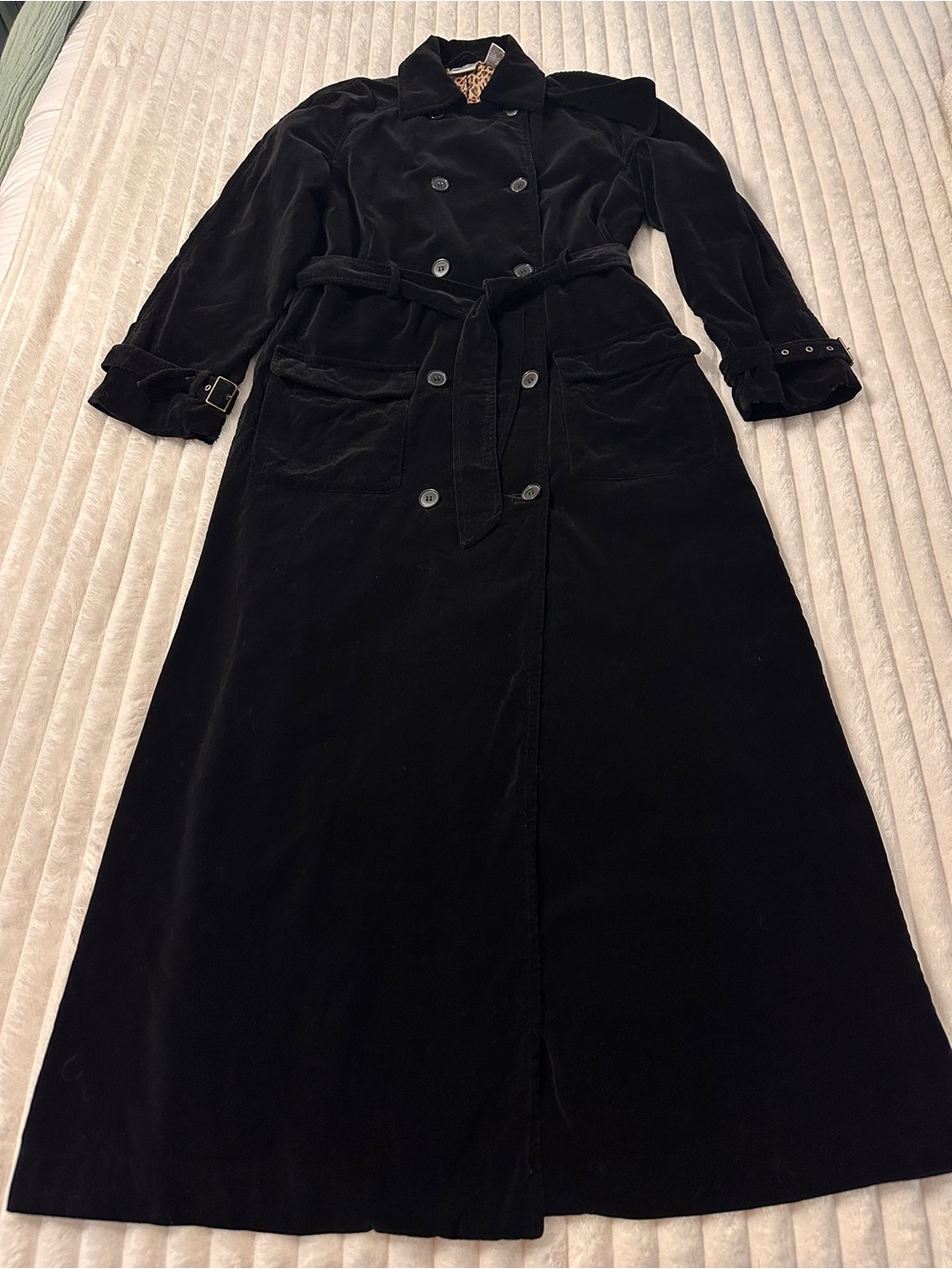 VINTAGE 90s Y2K Newport News Black Velvet Leopard Print Lined Trench Coat Maxi - Picture 4 of 10